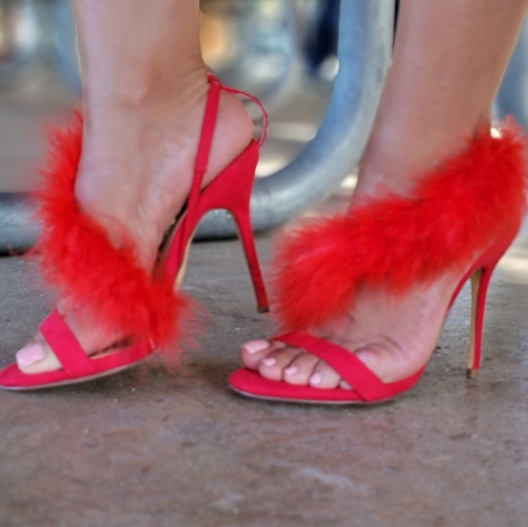 Red Feathered Fringe Open Toe Single Sole Heels - Picture 1 of 9